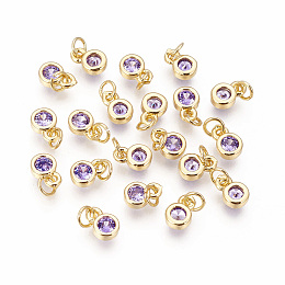 Honeyhandy Brass with Single Cubic Zirconia Charms, Single Stone Charms, Flat Round, Golden, Lilac, 6.5x4.5x2mm, Hole: 2.5~3mm