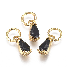 Honeyhandy Brass Micro Pave Cubic Zirconia Charms, with Jump Ring, Long-Lasting Plated, Real 18K Gold Plated, Faceted, Teardrop, Black, 8x3x3mm, Hole: 3mm