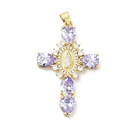 Honeyhandy Rack Plating Brass Micro Pave Cubic Zirconia Pendants, Cadmium Free & Lead Free, Real 18K Gold Plated, Cross with Saint, Lilac, 45.5x29x6mm, Hole: 4x6mm