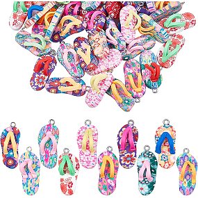 SUNNYCLUE 1 Box 30pcs Clay Flip Flop Charms Pendant DIY Jewelry Mini Slippers Charms Colorful Polymer Clay Charms for Women Summer Jewelry Making Necklace Earrings Bracelet Craft Findings