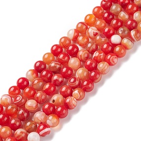 Natural Striped Agate/Banded Agate Bead Strands, Round, Grade A, Dyed & Heated, Dark Orange, 10mm, Hole: 1mm, about 37~38pcs/strand, 14.5 inch