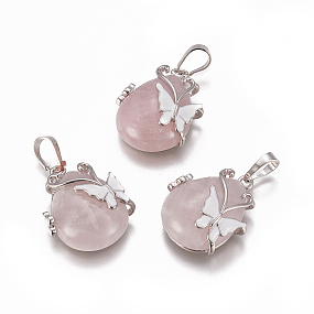 Honeyhandy Natural Rose Quartz Pendants, with Enamel and Brass Findings, teardrop, with Butterfly, Platinum, 30x23.5x12mm, Hole: 10x6mm
