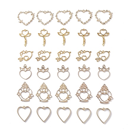 30pcs Heart Theme Alloy Frame Resin Pendants 6-Style Color-Lasting Hollow Resin Frames Open Bezel Charms with Loop for Resin Jewelry Making - Golden