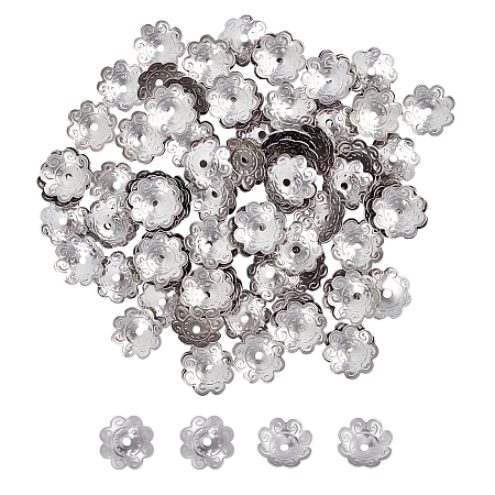 Unicraftale 304 Stainless Steel Bead Caps, Flower, 8-Petal, Stainless Steel Color, 10.5x1mm, Hole: 1mm; 120pcs/box