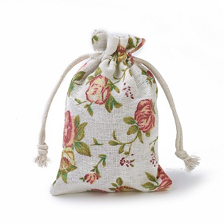 Honeyhandy Burlap Packing Pouches, Drawstring Bags, Rectangle with Rose Pattern, Colorful, 14~14.4x10~10.2cm