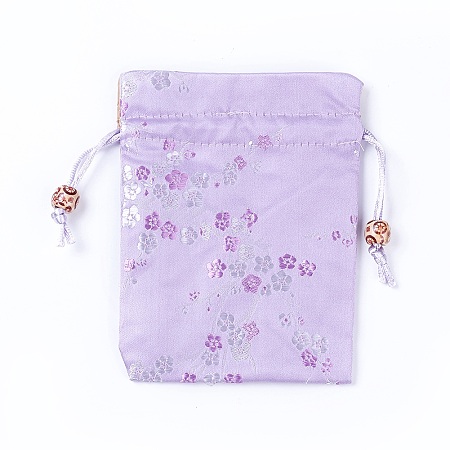 Honeyhandy Silk Packing Pouches, Drawstring Bags, with Wood Beads, Lilac, 14.7~15x10.9~11.9cm