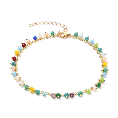 Honeyhandy Rondelle Glass Charm Anklets, with Golden Plated Brass Curb Chains and 304 Stainless Steel Lobster Claw Clasps, Colorful, 10 inch(25.4cm)
