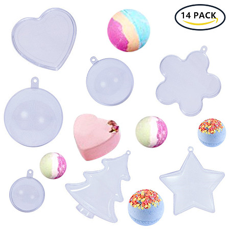 BENECREAT 14 Sets Bath Bomb Molds, DIY Bath Bomb 7 Size with 14 Set Clear Plastic Christmas Ball Ornaments for Party Decorations (Christmas Tree & Flower & Heart & Star & 3 Size Round)