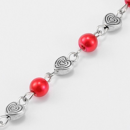 Handmade Round Glass Pearl Beads Chains for Necklaces Bracelets Making, with Tibetan Style Alloy Heart Beads and Iron Eye Pin, Unwelded, Red, 39.3 inches