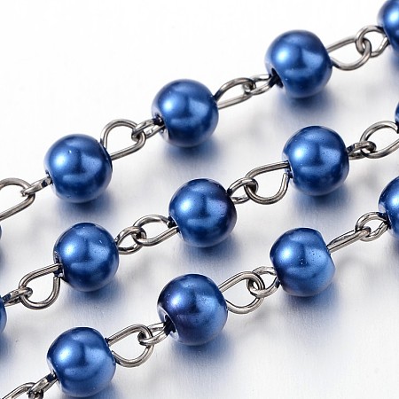 Handmade Glass Pearl Beaded Chains for Necklaces Bracelets Making, with Gunmetal Tone Brass Eye Pin, Unwelded, Midnight Blue, 39.3 inches; about 90pcs/strand