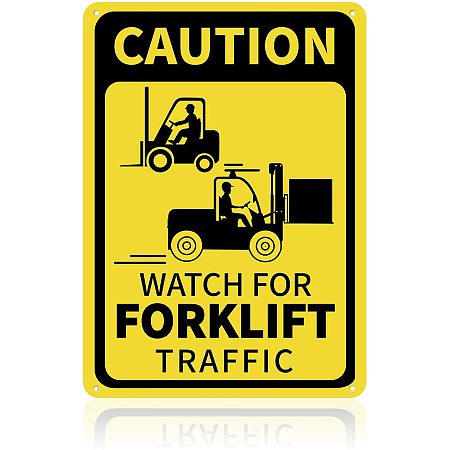 GLOBLELAND Caution Watch for Forklift Traffic Sign, 14x10 inches 35 Mil Aluminum Warning Sign, UV Protected and Waterproof