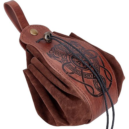 GORGECRAFT Medieval Leather Drawstring Pouch Vintage Printed Waist Bag Portable Brown Fanny Pack Dice Coin Purse for Women Men Hiking Waist Packs Costume Accessories, SsangYong Pattern