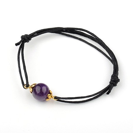 Honeyhandy Gemstone Adjustable Link Bracelets, with Alloy Bead Caps and Waxed Cotton Cord, Antique Golden, Amethyst, 43~75mm