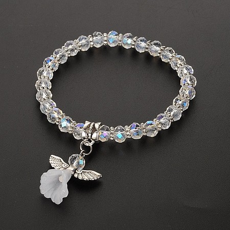 Honeyhandy Angel Glass Beaded Acrylic Charm Bracelets, with Tibetan Style Alloy Beads, Lovely Wedding Dress Angel Dangle, Antique Silver, Clear, 48mm