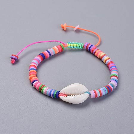 Honeyhandy Eco-Friendly Handmade Polymer Clay Heishi Beads Kids Braided Bracelets, with Cowrie Shell Beads and Nylon Cord, Colorful, 1-7/8 inch~2-7/8 inch(4.7~7.3cm)