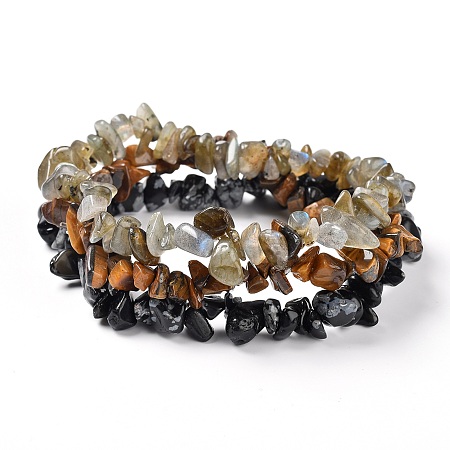 Honeyhandy Chips Natural Labradorite & Snowflake Obsidian & Tiger Eye Beaded Stretch Bracelets Sets, Stackable Bracelets, Inner Diameter: 2-1/8 inch(5.5cm), 3pcs/set