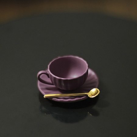 Honeyhandy Mini Tea Sets, including Porcelain Teacup & Saucer, Alloy Spoon, Miniature Ornaments, Micro Landscape Garden Dollhouse Accessories, Pretending Prop Decorations, Purple, 5~13x2~10mm, 3pcs/set