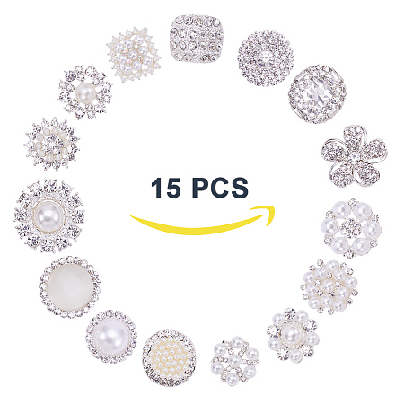 PandaHall Elite 15 Pcs Acrylic Rhinestone Buttons Brooches Pearl Crystal Wedding Bouquet Kit