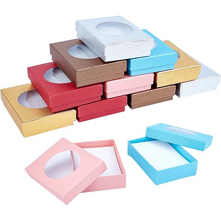 NBEADS 12 Pcs Cardboard Jewelry Boxes with Window, Gift Box Paper Box Cardboard Box with Flat Round Shape Window and Padding for Weddings Birthdays Jewelry Packing, 3.62