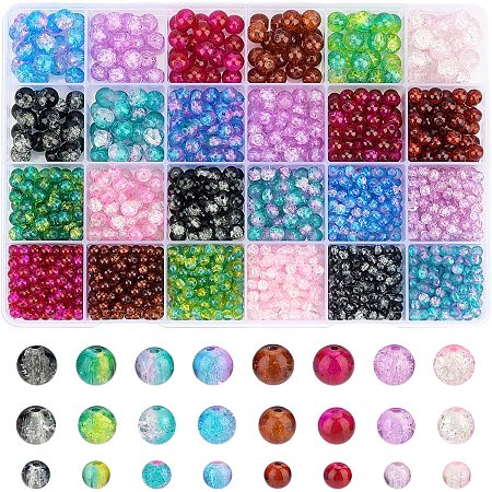 PandaHall Elite 1600pcs Crackle Glass Beads, 8mm Crystal Beads Lampwork Glass Beads 4mm 6mm Handcrafted Spray Painted Craft Loose Beads for Summer Friendship Bracelet Jewelry Making Christmas 8 Colors