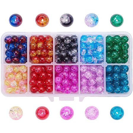 Arricraft 10 Color 8mm Crackle Glass Beads, 350pcs Transparent Handcrafted Lampwork Glass Round Beads Assortment for Jewelry Making