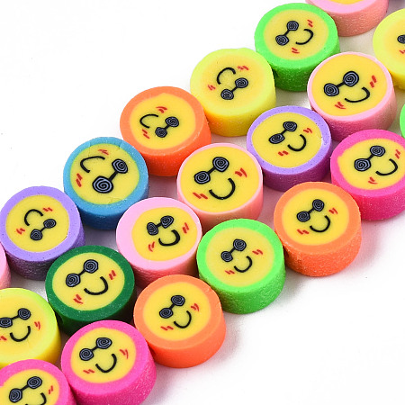 ARRICRAFT Handmade Polymer Clay Beads Strands, Flat Round with Smiling Face, Mixed Color, 9.5x4.5mm, Hole: 1.6mm, about 39~40pcs/strand, 14.96 inch~15.24 inch(38cm~38.7cm)