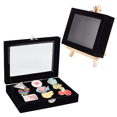 OLYCRAFT Rectangle Velvet Presentation Boxes for Brooch Badge Storage and Display, Clear Glass Window Storage Box, with Wood Brackets and Iron Clasps, Black, Box: 15.2x20.2x4.7cm, 2pcs/set