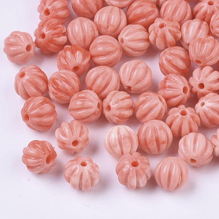ARRICRAFT Synthetic Coral Corrugated Melon Beads, Two Tone, Dyed, Round, Light Coral, 8.5x9mm, Hole: 1.5mm