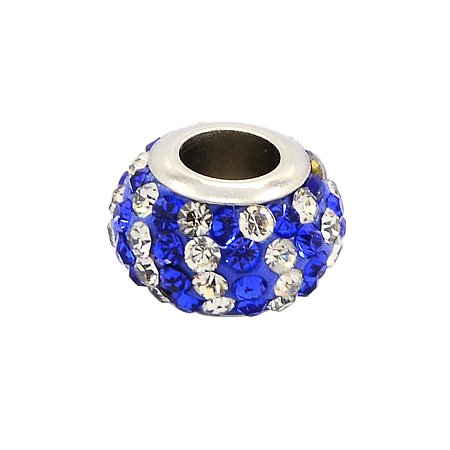 NBEADS 10 Pcs Sapphire Polymer Clay Rhinestone European Beads Crystal Charms Large Hole Beads with 304 Stainless Steel Cores for Bracelet Necklace Jewelry Making