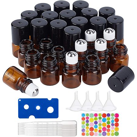 BENECREAT 30 Pack 1ml Amber Glass Essential Oils Roller Bottles with Stainless Steel Roller Balls, 10Pcs 3ml Droppers, 4Pcs Funnels, 1Pc Openers and Label for Essential Oils and Other Liquids