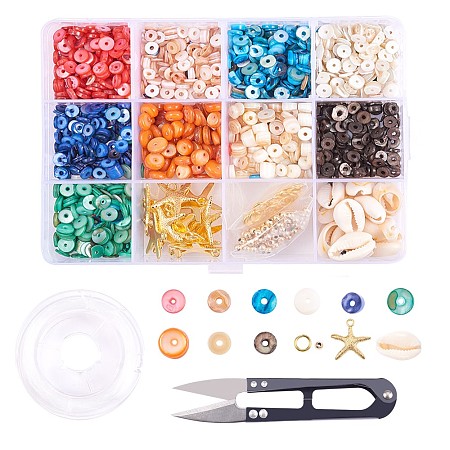 Arricraft DIY Jewelry Set Making, with Shell Beads, Brass Spacer Beads, Jump Rings, Alloy Pendants, Steel Scissors, Elastic Thread, Mixed Color, 15x15x3cm