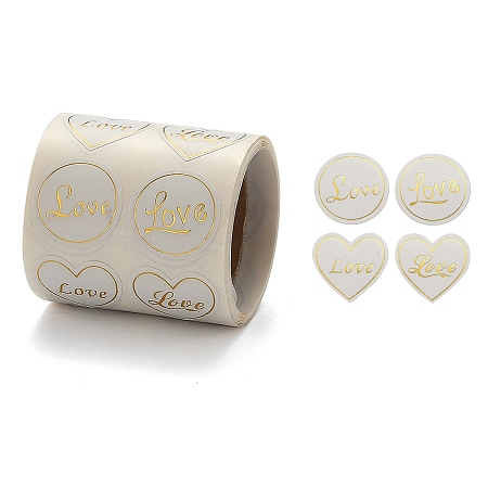 Honeyhandy Heart and Flat Round with Word Love Valentine's Stickers Self Adhesive Tag Labels, Decorative Stickers, for Wedding Valentine's Supplies, White, 25mm, 25x25mm, 300pcs/roll