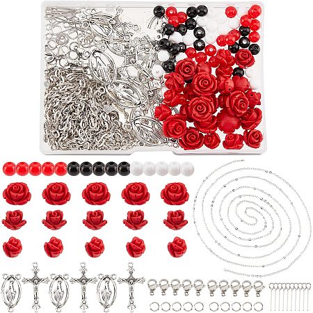 SUPERFINDINGS 30pcs Cinnabar Carved Rose Bead Red Rose Flower Beads with 60pc Acrylic Round Bead 20pcs Alloy Pendants Links and Other Accessories Religion Rosary Making Necklace DIY Making Kit