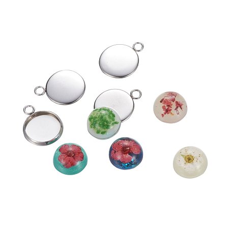 ARRICRAFT 10 Sets DIY Jewelry Pendant Making Sets, with 12mm Resin Dome Dried Flower Cabochons and 304 Stainless Steel Pendant Frame Tray Settings 18x14x2mm