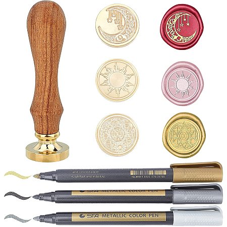 Pandahall Elite Sun Moon Wax Seal Stamp Set, 3pcs Sealing Wax Stamp Heads, 1pc Wood Handle Hilt and 3pcs Pens for Valentine's Day, Mother's Day Letter Envelope Invitation Wine Packages Gift Decoration