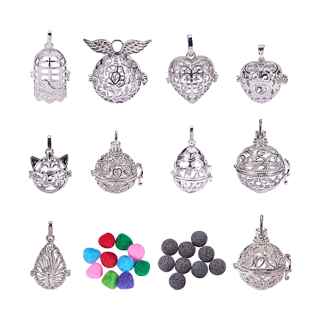 PandaHall Elite 10 Styles Hollow Brass Aromatherapy Essential Oil Diffuser Locket Cage Pendant with 10 PCS Lava Beads and 10 PCS Diffusing Balls
