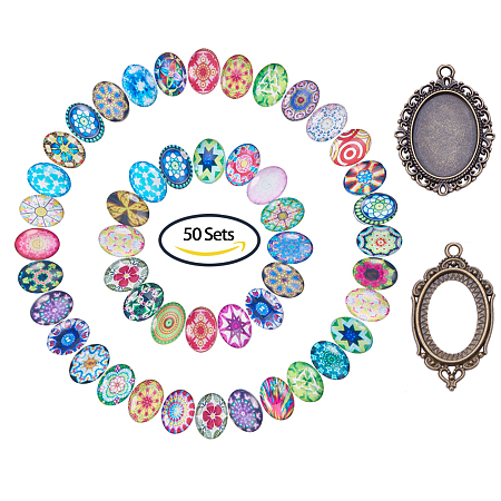 PandaHall Elite DIY Jewelry Pendant Making, 50 PCS Mosaic Printed Glass Oval Cabochons and 50 PCS Tibetan Style Alloy Blank Pendant Frame Trays