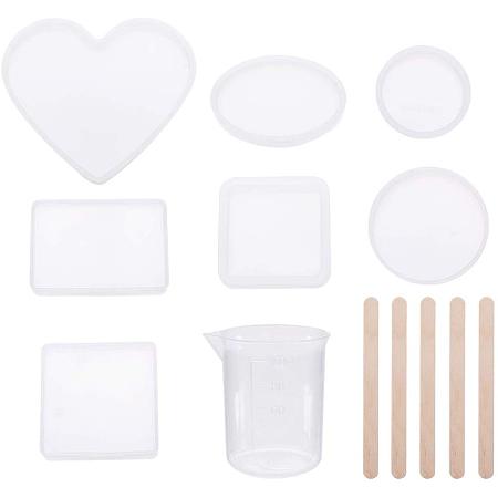 PH PandaHall Epoxy Resin Molds, 7pcs Resin Silicone Casting Molds(Round, Square, Rectangle, Ellipse, Heart) with 100ml Measuring Cups, Wood Sticks for DIY Coaster, Flower Leaf Specimen