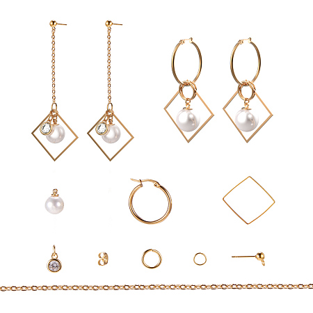 SUNNYCLUE DIY 2 Pairs Golden Tone Brass Pearl Geometric Square Dangle Drop Earrings Square Hoop Stud Earrings Making Kit DIY Jewelry Making Starter Kit for Girls
