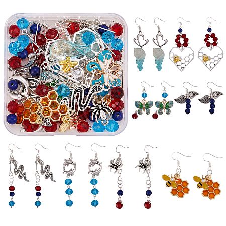 DIY Animal Shape Drop Earing Making, Including Glass & Synthetic Turquoise Beads, Alloy Pendants & Links, Iron Pin & Jump Ring & Earring Hooks, 304 Stainless Steel Pin, Mixed Color, Pendant & Link: 22pcs/box