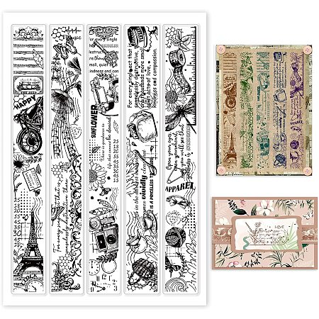 GLOBLELAND 5 Style Vintage Background Clear Stamps The Tower Camera Ink Flowers Music Notes Silicone Stamps Retro Rubber Transparent Seal Stamps for Card Making Scrapbooking