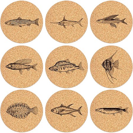 BENECREAT Fish Wooden Coasters Set of 9, 0.2x4inch Fish Pattern Drink Coasters Flat Round Cup Mats for Tea Coffee Cup Mug Home Decor