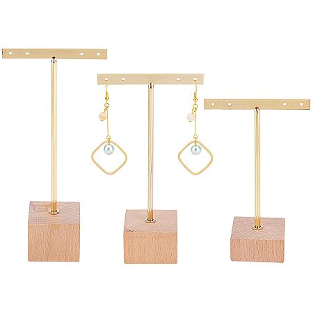 FINGERINSPIRE 3 Pcs Gold Metal T Bar Earring Display Stand with Wooden Square Base 4 Holes Jewelry Holders Hanging Earring Organizer for Store Retail Photography Props（4.7 & 5.5 &6.3 inch Height）