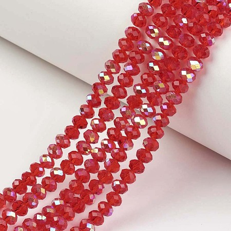 Honeyhandy Electroplate Glass Beads Strands, Half Rainbow Plated, Faceted, Rondelle, Red, 2x1.5mm, Hole: 0.4mm, about 195pcs/strand, 11 inch(27.5cm)