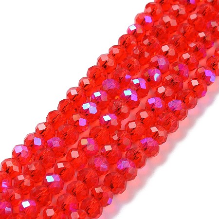 Honeyhandy Electroplate Glass Beads Strands, Half Rainbow Plated, Faceted, Rondelle, Red, 8x6mm, Hole: 1mm, about 65~68pcs/strand, 15.7~16.1 inch(40~41cm)