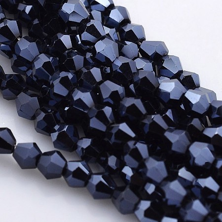 Faceted Bicone Electroplate Glass Beads Strands, Full Hematite Plated, MidnightBlue, 4x4mm, Hole: 1mm; about 100~104pcs/strand, 12.2