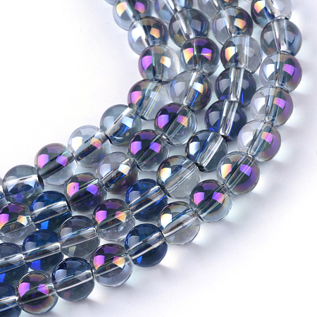 Honeyhandy Half Plated Transparent Glass Beads Strands, Rainbow Plated, Round, Purple, 7.5x8.5mm, Hole: 1mm, about 104pcs/strand, 30.3 inch