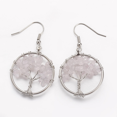 Honeyhandy Dangle Earrings, with Natural Rose Quartz Beads and Brass Hooks, Ring with Tree of Life, 50mm, Pin: 0.6mm