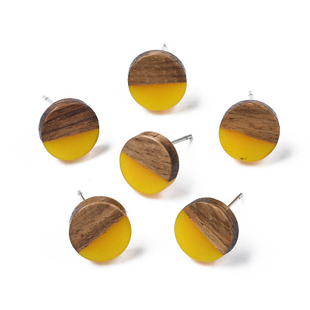 Honeyhandy Opaque Resin & Walnut Wood Stud Earrings, with 316 Stainless Steel Pins, Flat Round, Gold, 10mm, Pin: 0.7mm