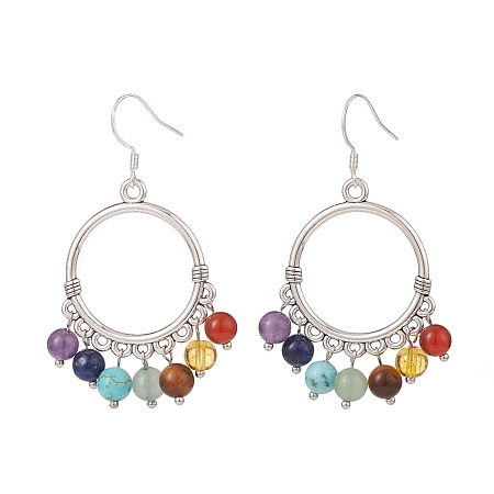 Honeyhandy Natural & Synthetic Mixed Gemstone Chandelier Earrings, 7 Chakra 304 Stainless Steel Jewelry for Women, Platinum, 60mm, Pin: 0.8mm